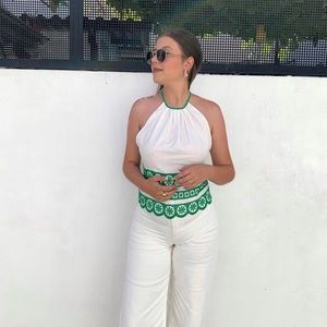 Zara White Embroidered Halter Crop Top